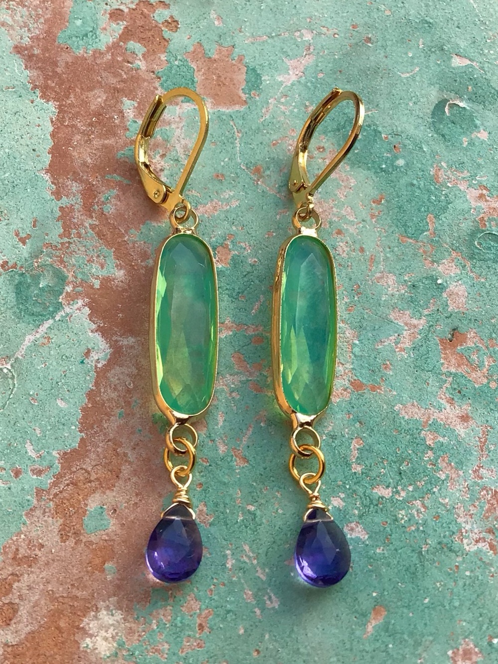 Blue mint chalcedony bezel tanzanite quartz gold plated Earrings - Picture 12 of 13